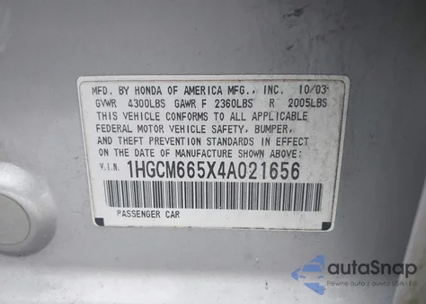 2004 Honda Accord 3.0 Ex из США, поврежденный, VIN 1HGCM665X4A021656